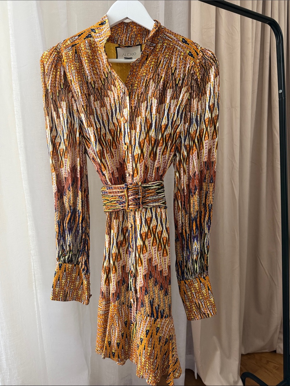 Alexis Multicolor Ikat-Print Long Sleeve Dress in Mustard and Brown - Picture 4 of 9